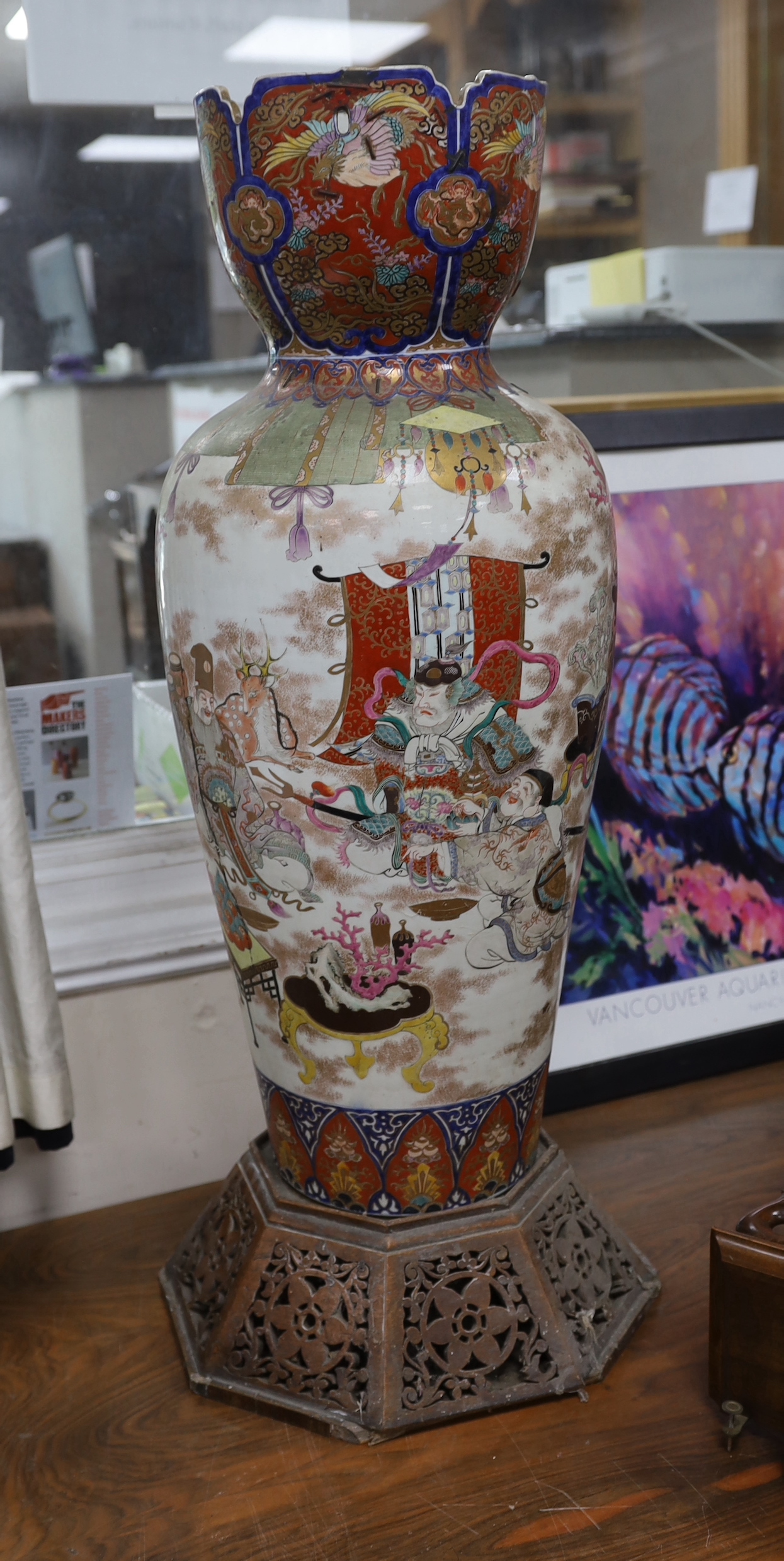 A massive Japanese vase, Meiji period, on carved wooden stand, 89.5cms including stand